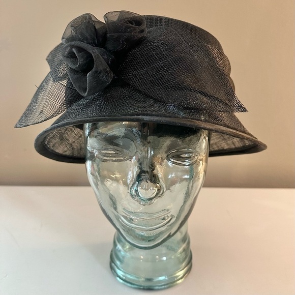 Black Cloche Style Straw Hat with Flower Detail main image 4